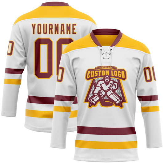 Custom White Burgundy-Gold Hockey Lace Neck Jersey - Sky-Custom