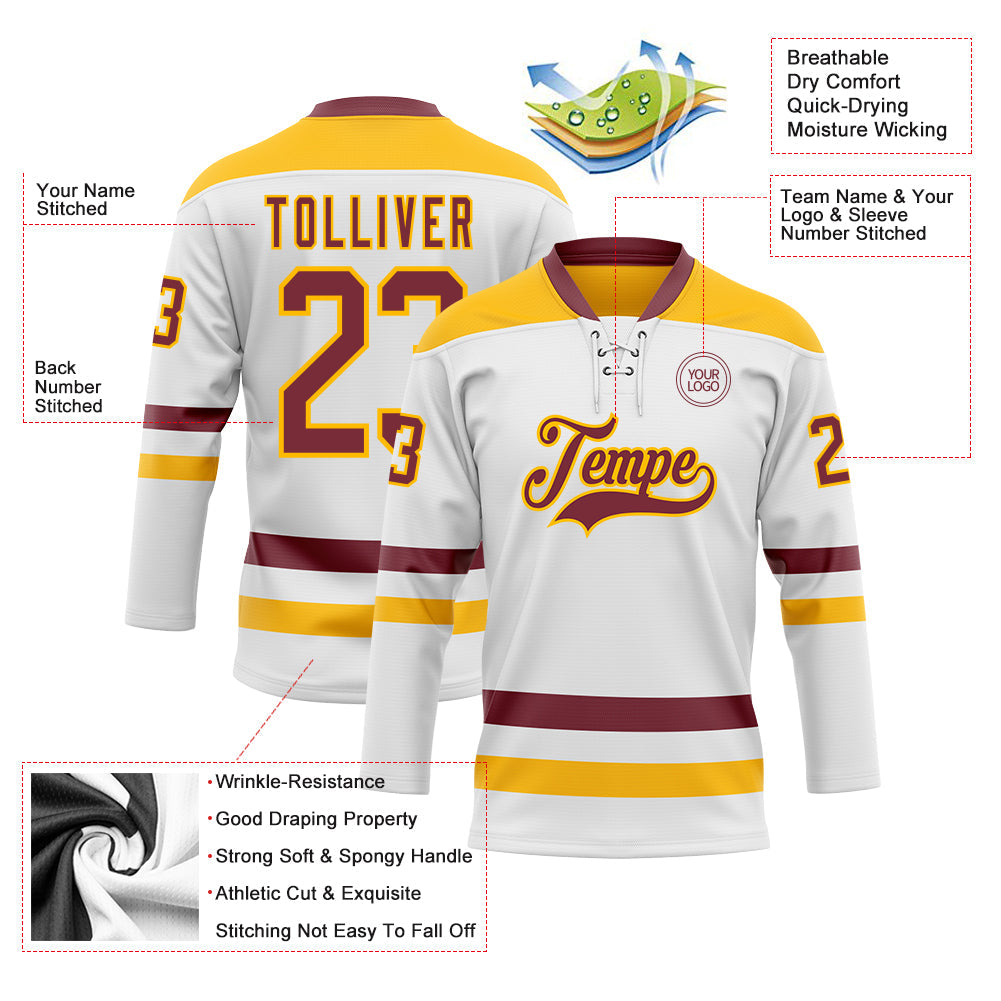 Custom White Burgundy-Gold Hockey Lace Neck Jersey - Sky-Custom