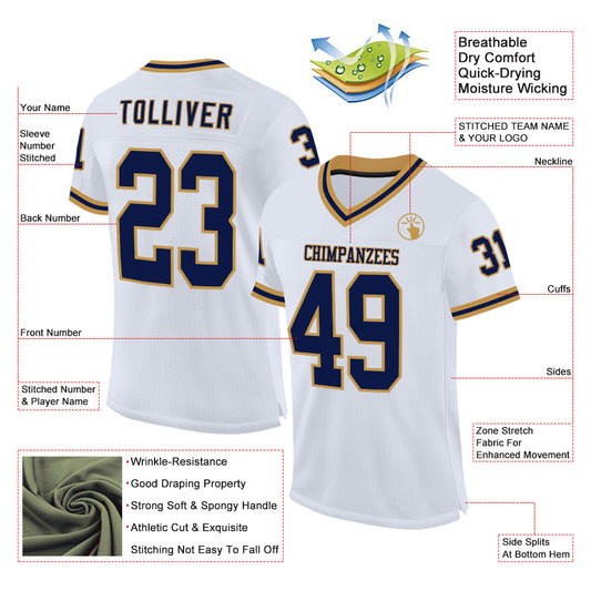 Custom White Navy-Old Gold Mesh Authentic Throwback Football Jersey - Sky-Custom