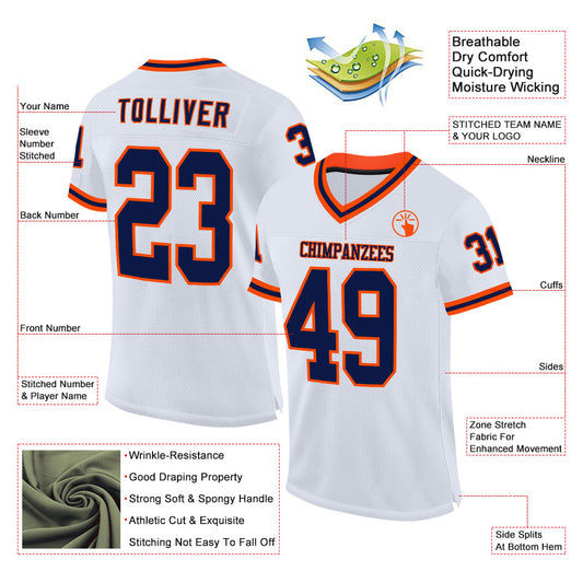 Custom White Navy-Orange Mesh Authentic Throwback Football Jersey - Sky-Custom