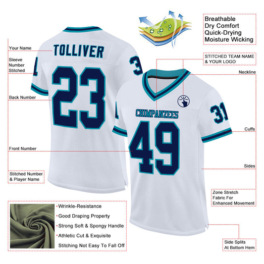 Custom White Navy-Teal Mesh Authentic Throwback Football Jersey - Sky-Custom