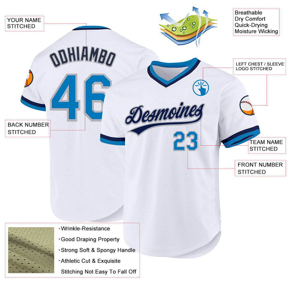 Custom White Blue Gray-Navy Authentic Throwback Baseball Jersey - Sky-Custom