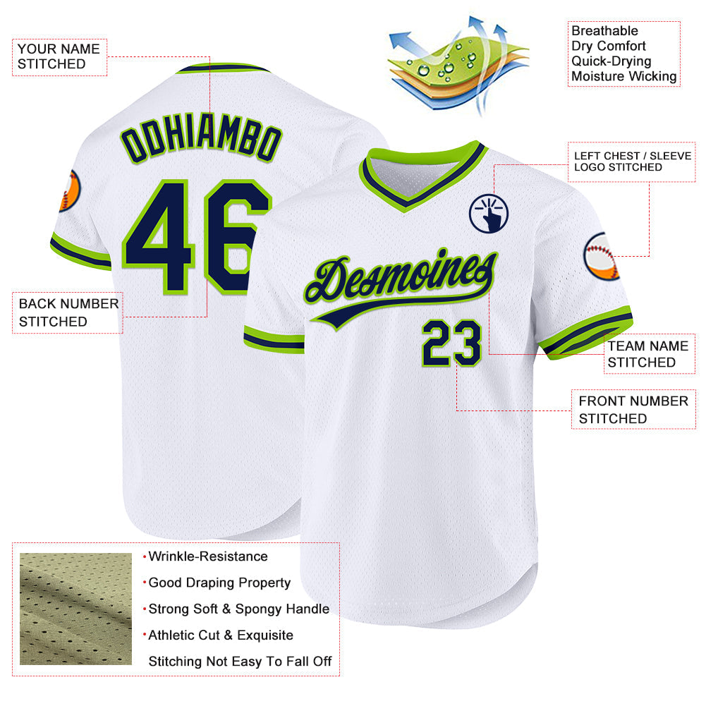Custom White Navy-Neon Green Authentic Throwback Baseball Jersey - Sky-Custom