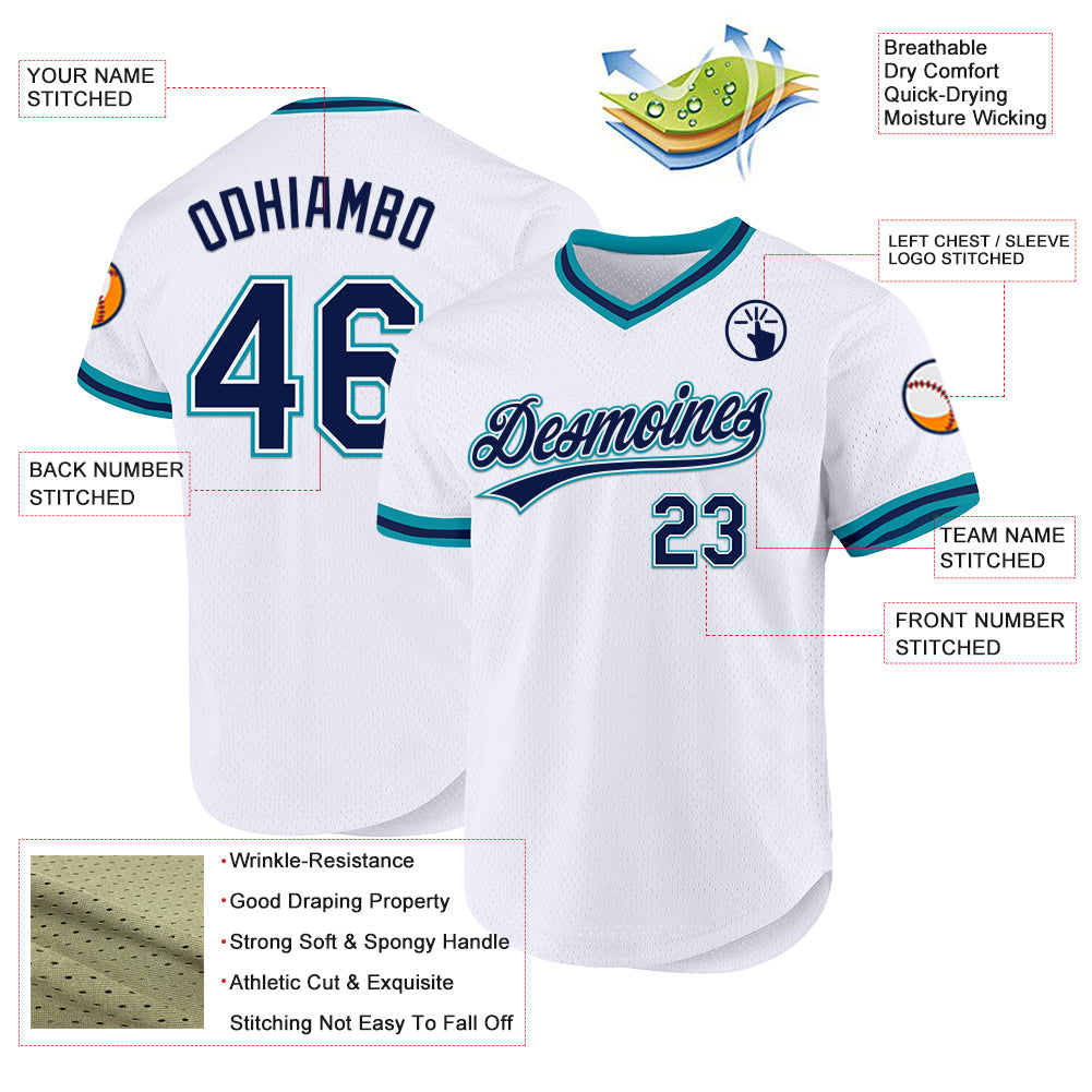 Custom White Navy-Teal Authentic Throwback Baseball Jersey - Sky-Custom