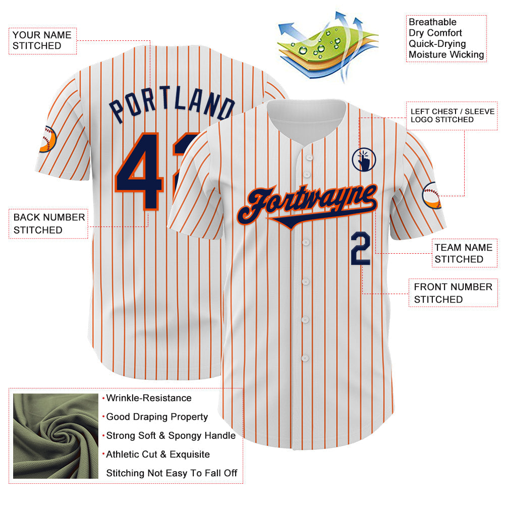 Custom White Orange Pinstripe Navy Authentic Baseball Jersey - Sky-Custom