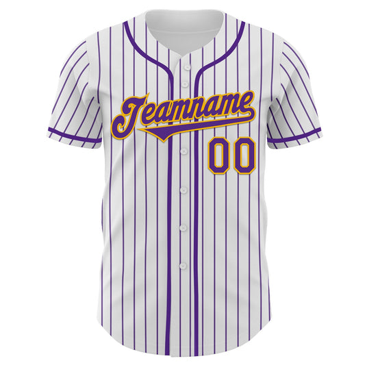 Custom White Purple Pinstripe Gold Authentic Baseball Jersey - Sky-Custom
