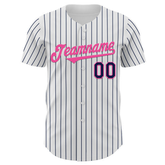 Custom White Navy Pinstripe Pink Authentic Baseball Jersey - Sky-Custom