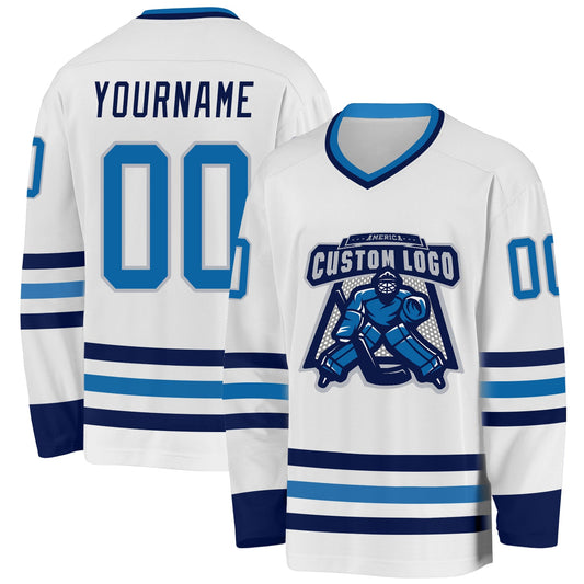 Custom White Blue Navy-Gray Hockey Jersey - Sky-Custom