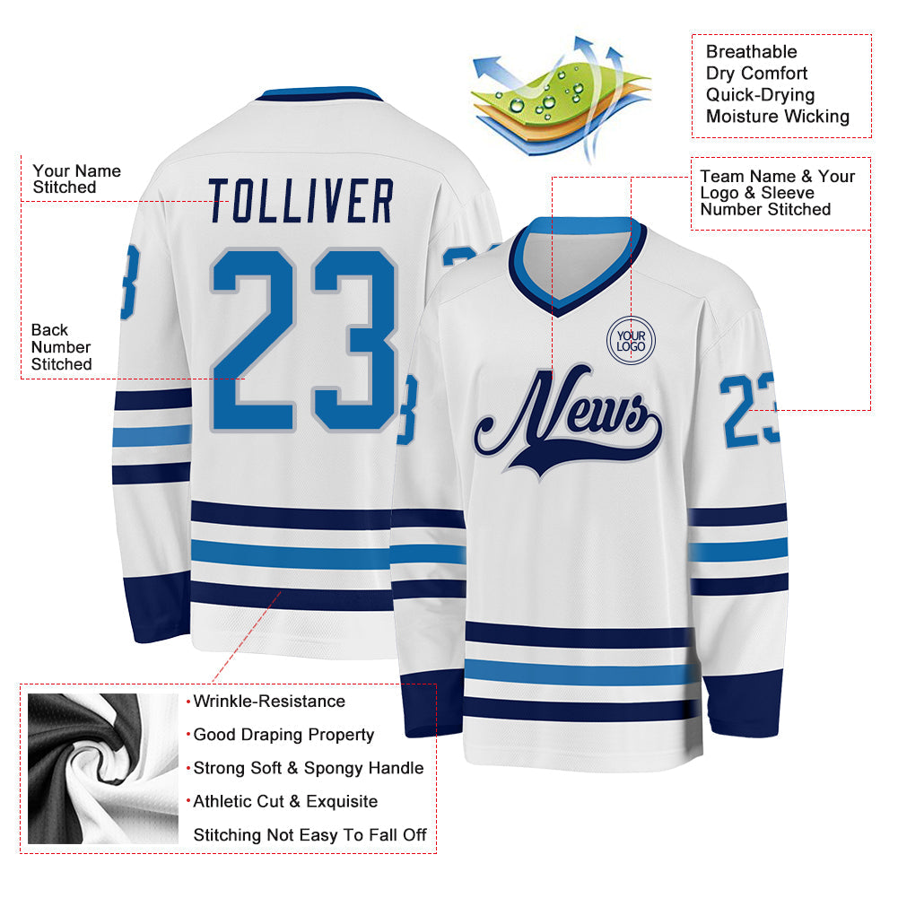 Custom White Blue Navy-Gray Hockey Jersey - Sky-Custom