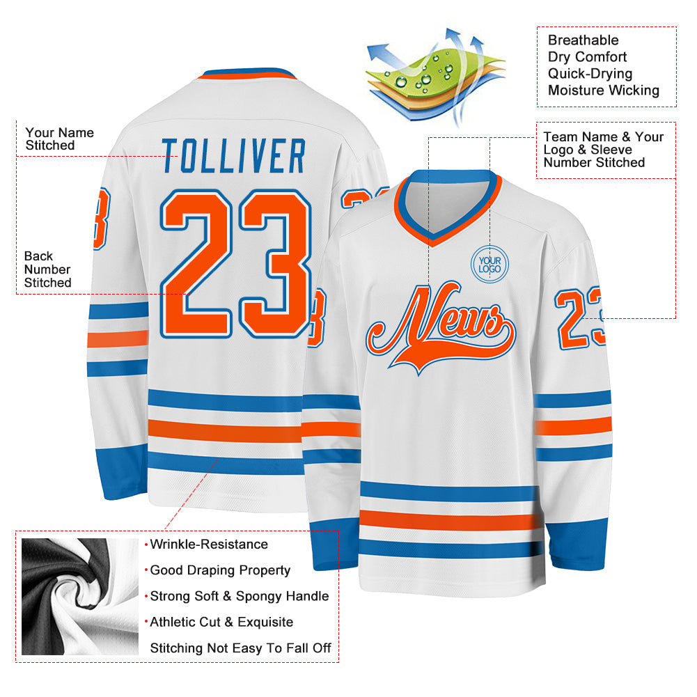 Custom White Orange-Blue Hockey Jersey - Sky-Custom
