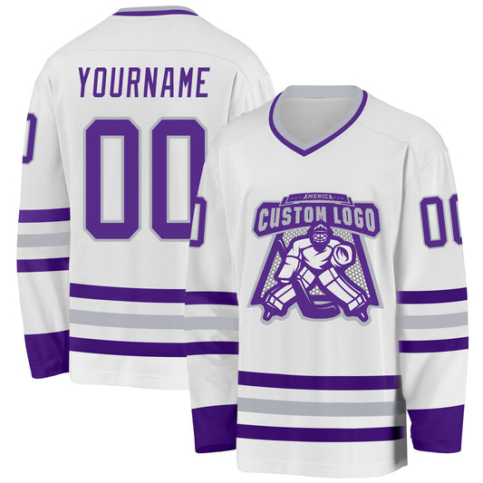 Custom White Purple-Gray Hockey Jersey - Sky-Custom