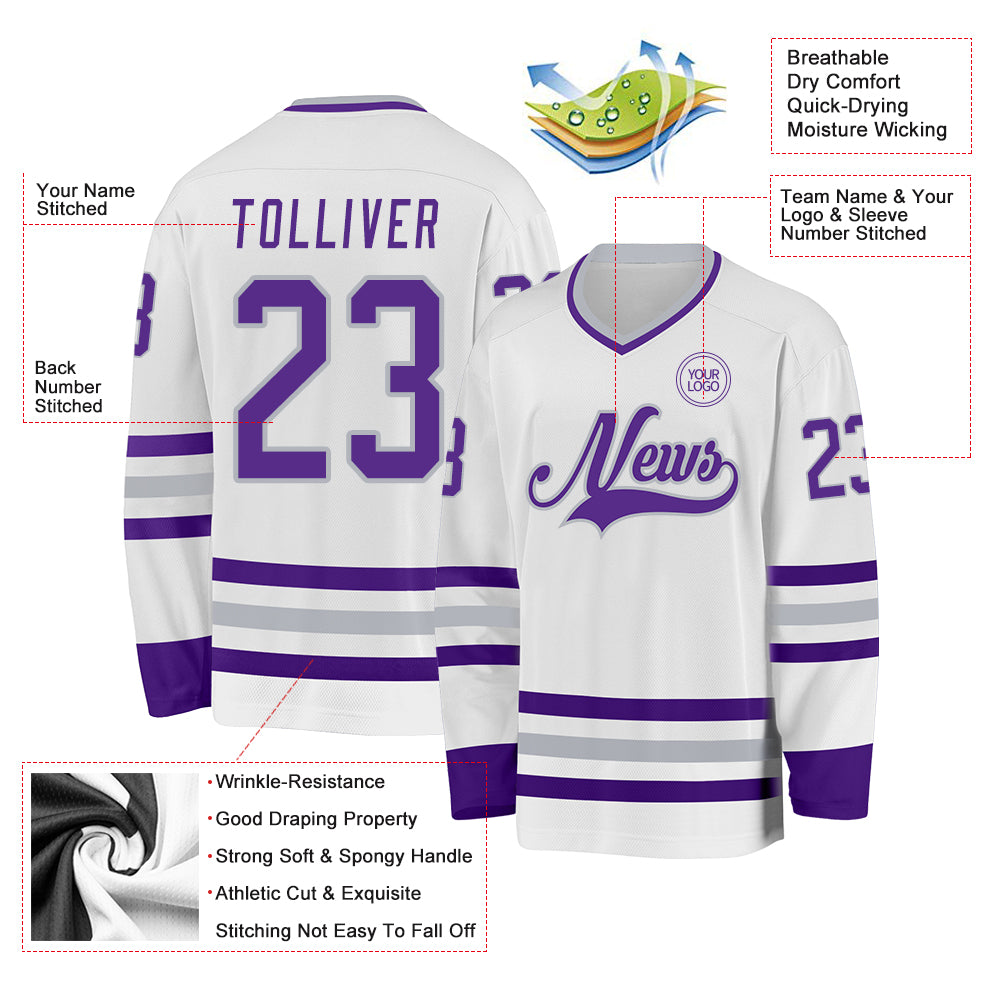 Custom White Purple-Gray Hockey Jersey - Sky-Custom