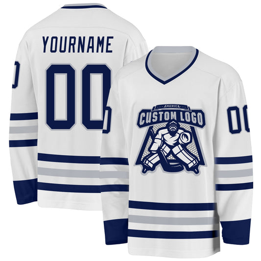 Custom White Navy-Gray Hockey Jersey - Sky-Custom