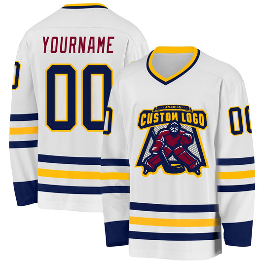 Custom White Navy Gold-Maroon Hockey Jersey - Sky-Custom