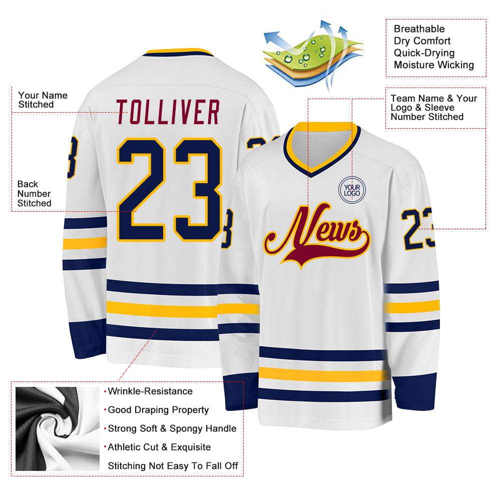 Custom White Navy Gold-Maroon Hockey Jersey - Sky-Custom
