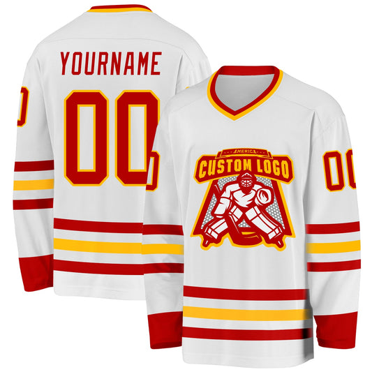 Custom White Red-Gold Hockey Jersey - Sky-Custom