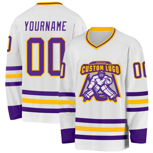 Custom White Purple-Gold Hockey Jersey - Sky-Custom