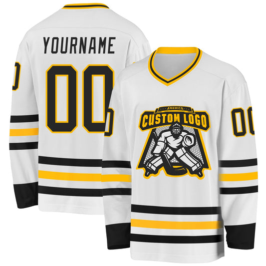 Custom White Black-Gold Hockey Jersey - Sky-Custom