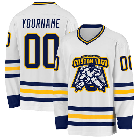 Custom White Navy-Gold Hockey Jersey - Sky-Custom