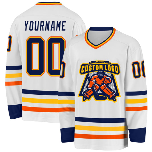 Custom White Navy Gold-Orange Hockey Jersey - Sky-Custom
