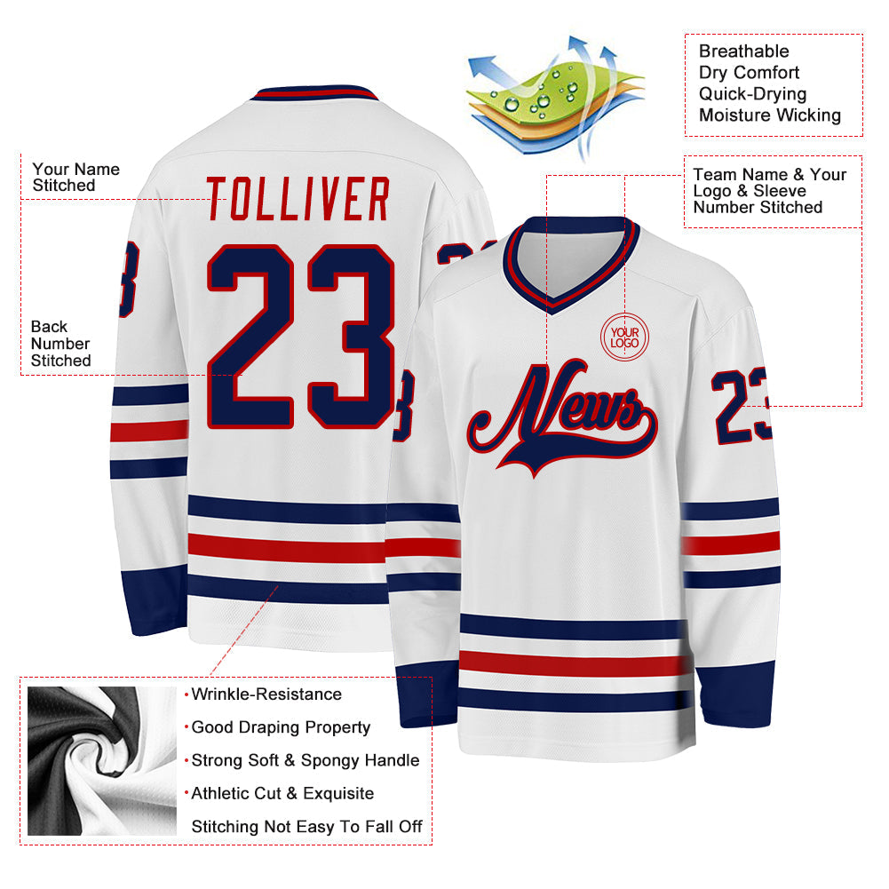 Custom White Navy-Red Hockey Jersey - Sky-Custom