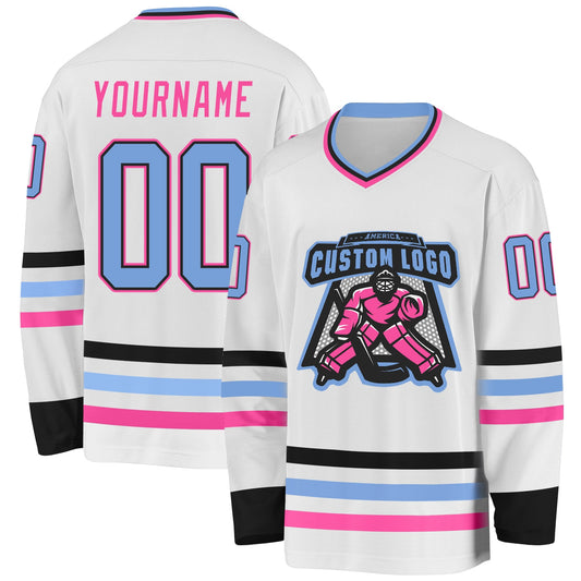 Custom White Light Blue Black-Pink Hockey Jersey - Sky-Custom