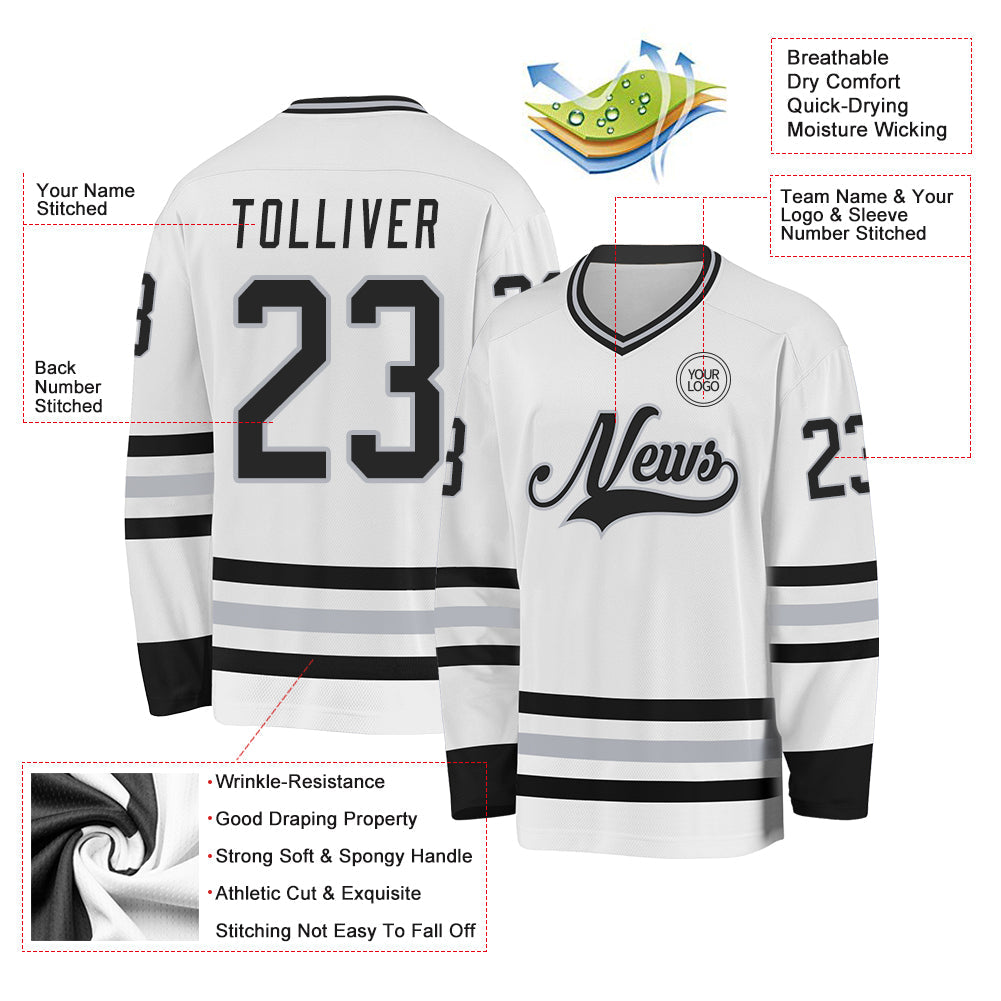 Custom White Black-Gray Hockey Jersey - Sky-Custom