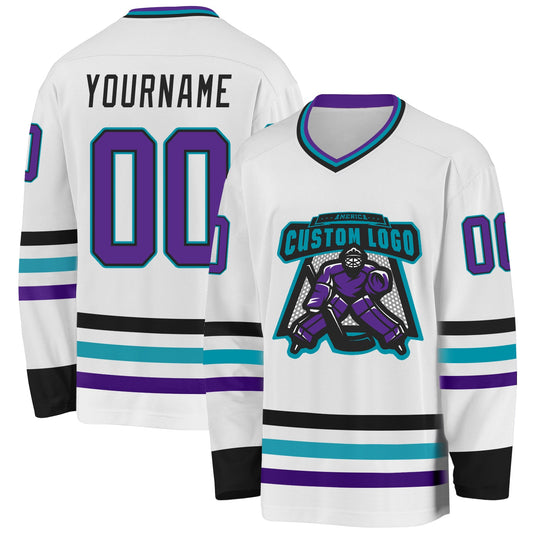 Custom White Purple Black-Teal Hockey Jersey - Sky-Custom