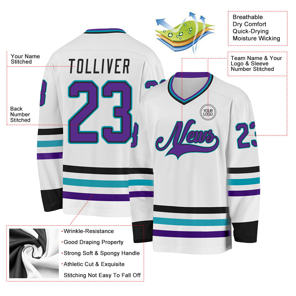 Custom White Purple Black-Teal Hockey Jersey - Sky-Custom