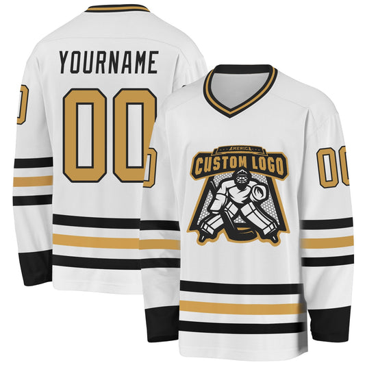 Custom White Old Gold-Black Hockey Jersey - Sky-Custom