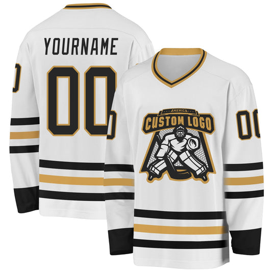 Custom White Black-Old Gold Hockey Jersey - Sky-Custom