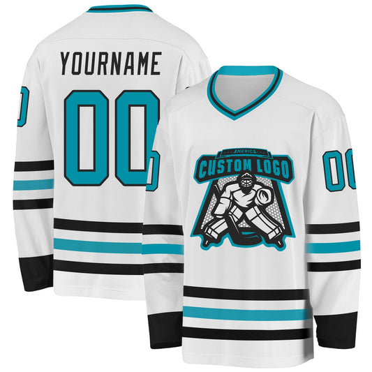 Custom White Teal-Black Hockey Jersey - Sky-Custom