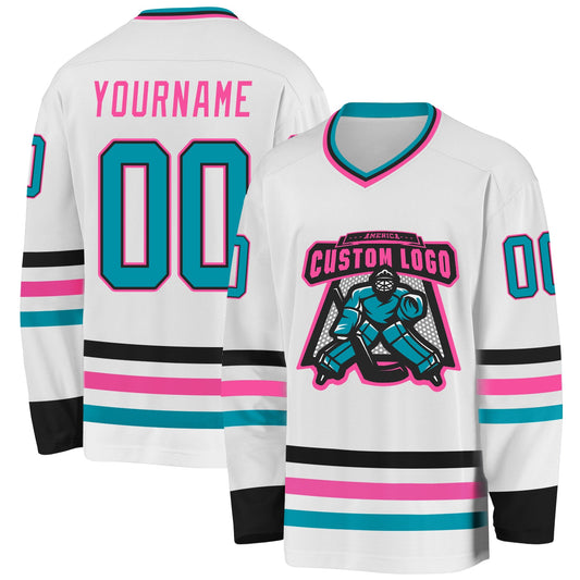 Custom White Teal Black-Pink Hockey Jersey - Sky-Custom