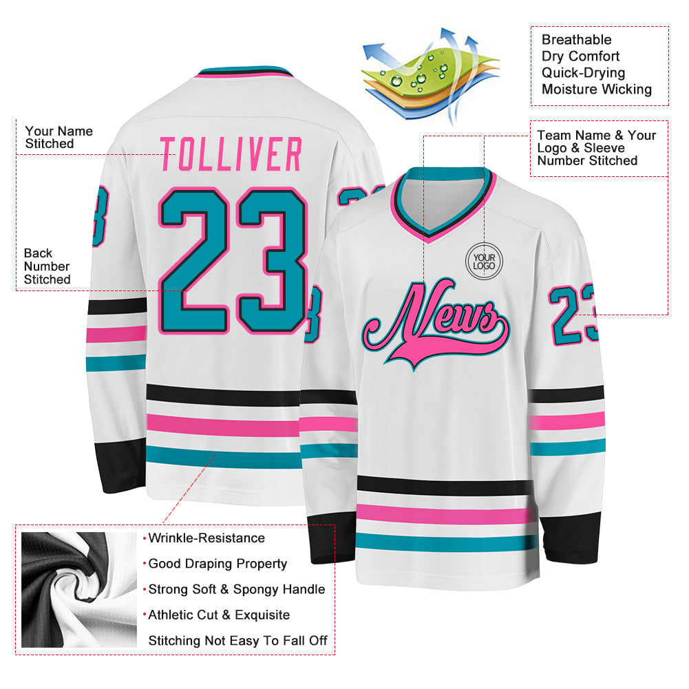 Custom White Teal Black-Pink Hockey Jersey - Sky-Custom
