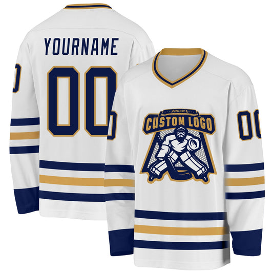 Custom White Navy-Old Gold Hockey Jersey - Sky-Custom