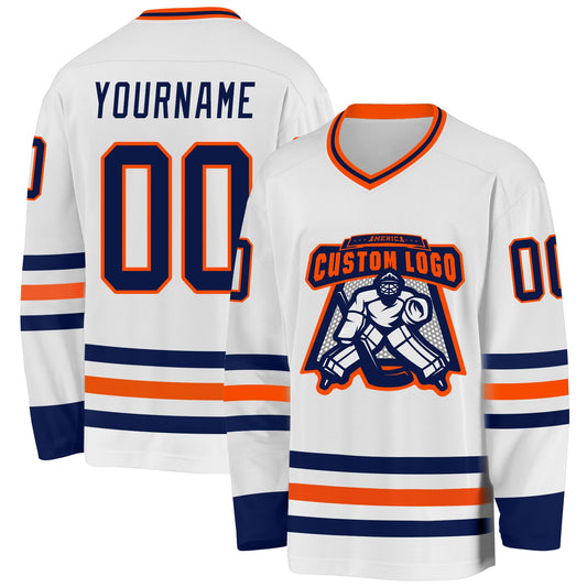 Custom White Navy-Orange Hockey Jersey - Sky-Custom