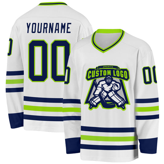 Custom White Navy-Neon Green Hockey Jersey - Sky-Custom