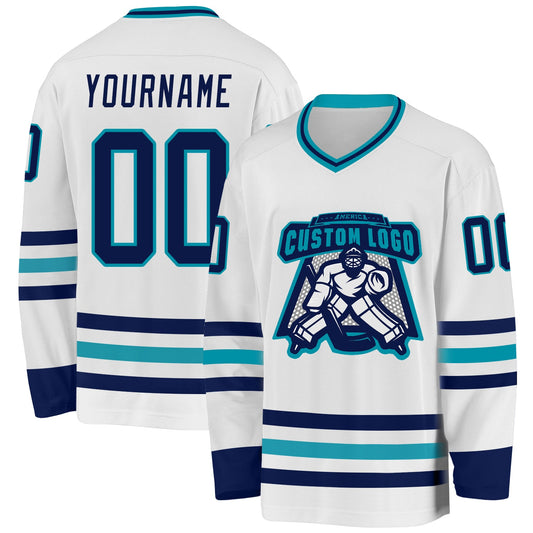 Custom White Navy-Teal Hockey Jersey - Sky-Custom
