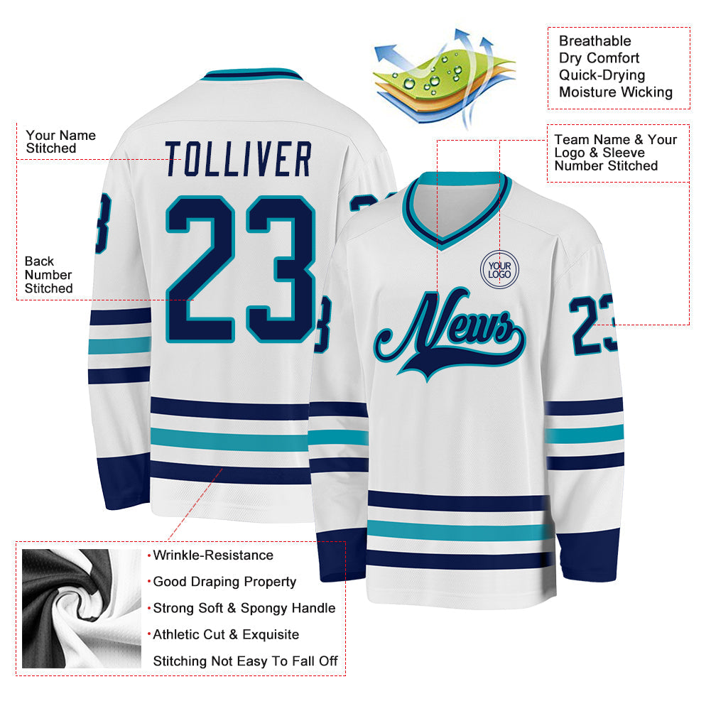 Custom White Navy-Teal Hockey Jersey - Sky-Custom