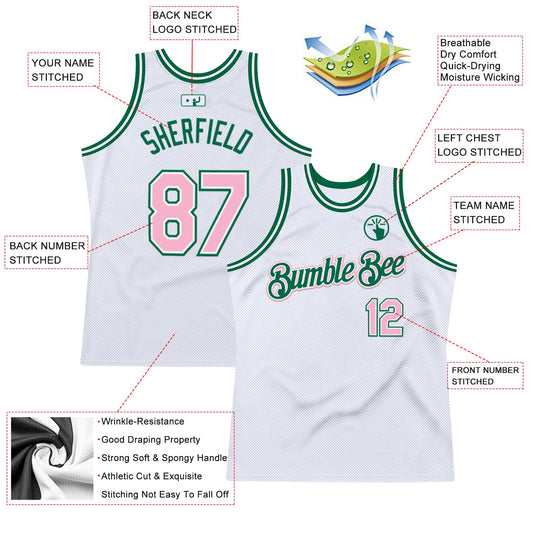 Custom White Light Pink-Kelly Green Authentic Throwback Basketball Jersey - Sky-Custom