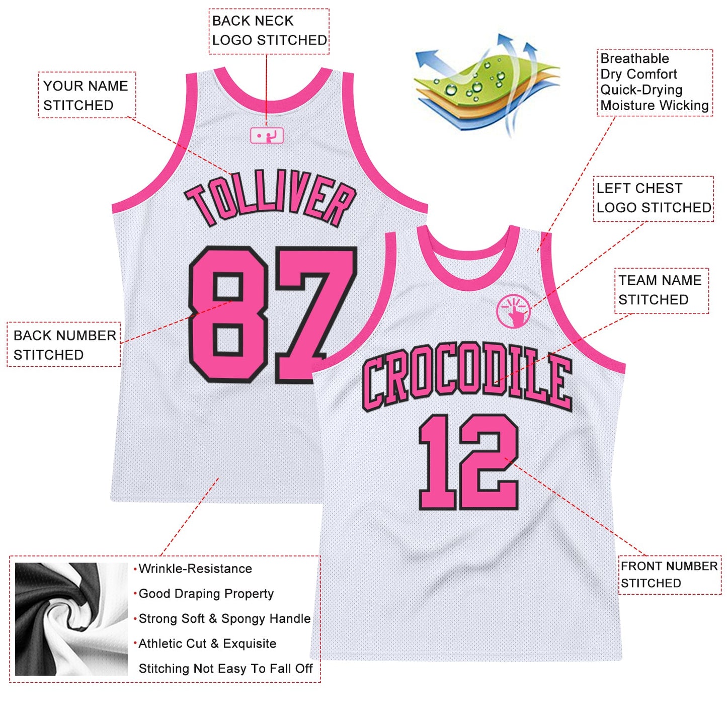 Custom White Pink-Black Authentic Throwback Basketball Jersey - Sky-Custom