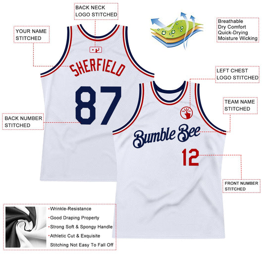 Custom White Navy-Red Authentic Throwback Basketball Jersey - Sky-Custom