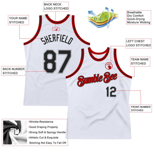 Custom White Black Gray-Red Authentic Throwback Basketball Jersey - Sky-Custom