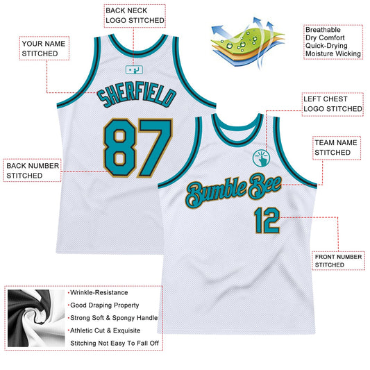 Custom White Teal Black-Old Gold Authentic Throwback Basketball Jersey - Sky-Custom