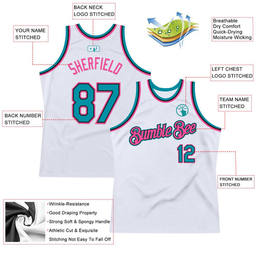 Custom White Teal Black-Pink Authentic Throwback Basketball Jersey - Sky-Custom