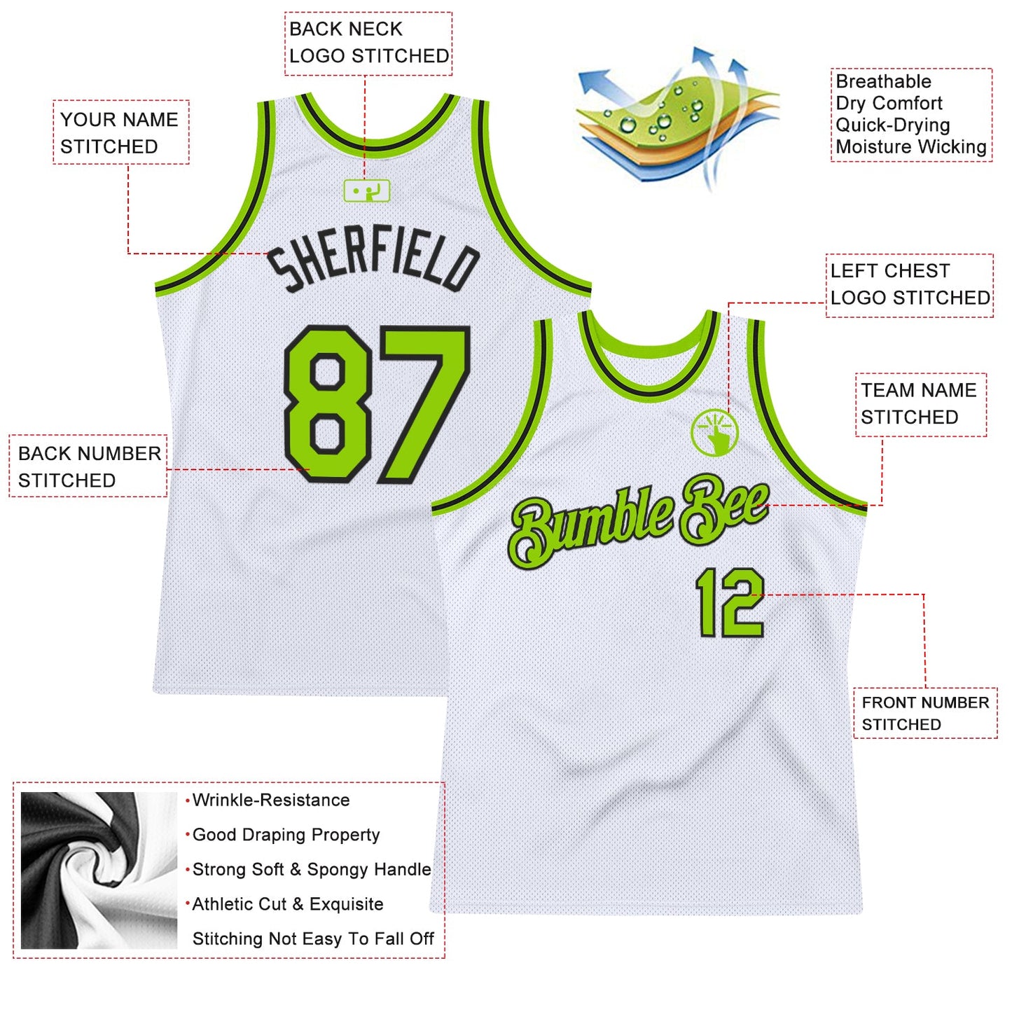 Custom White Neon Green-Black Authentic Throwback Basketball Jersey - Sky-Custom