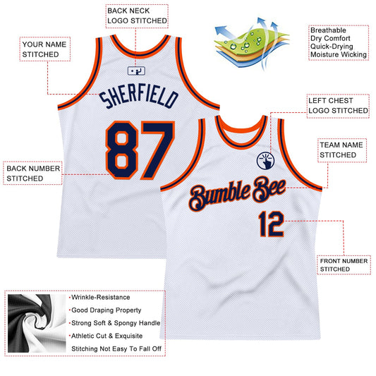 Custom White Navy-Orange Authentic Throwback Basketball Jersey - Sky-Custom