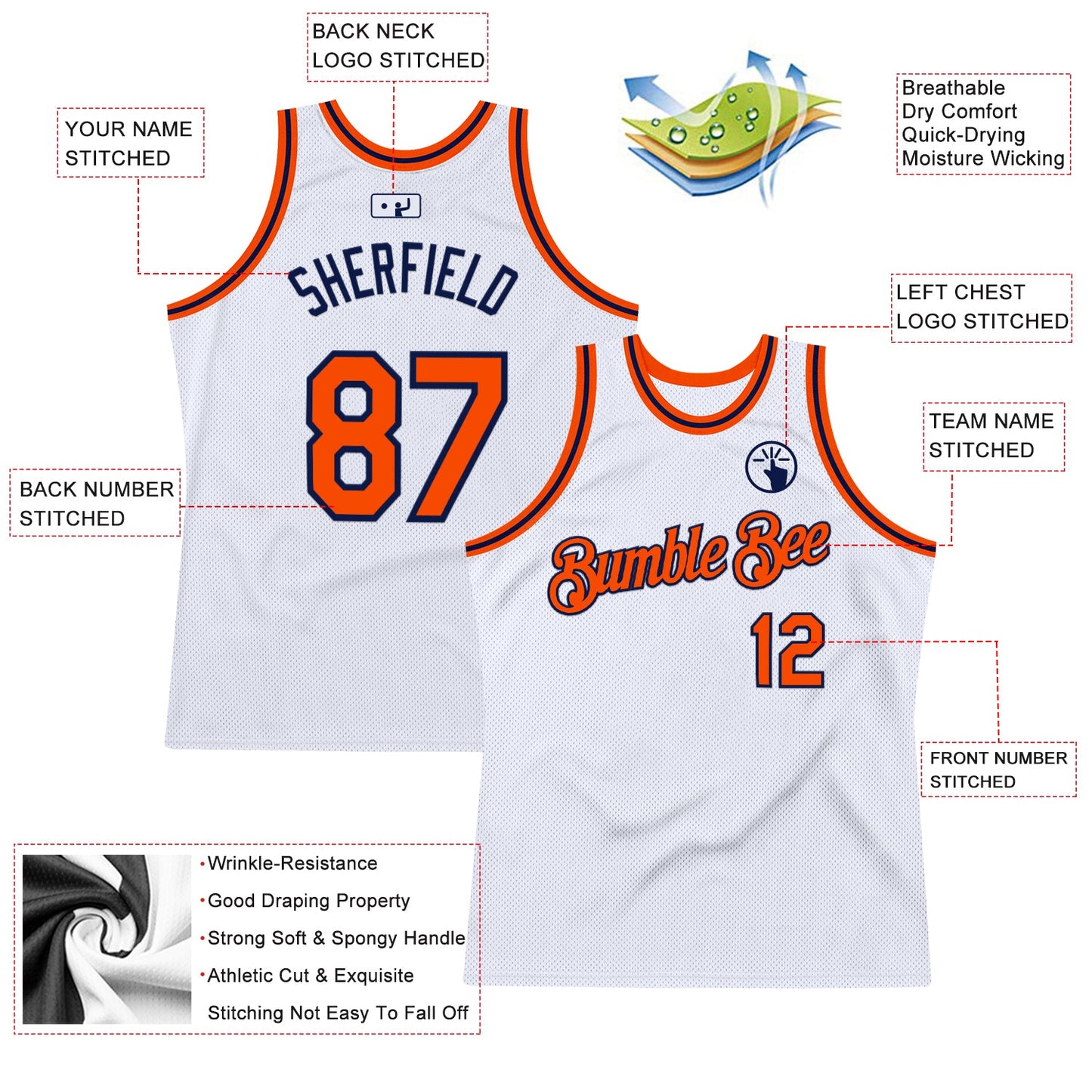 Custom White Orange-Navy Authentic Throwback Basketball Jersey - Sky-Custom