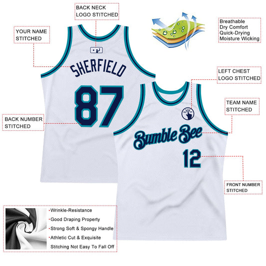 Custom White Navy-Teal Authentic Throwback Basketball Jersey - Sky-Custom