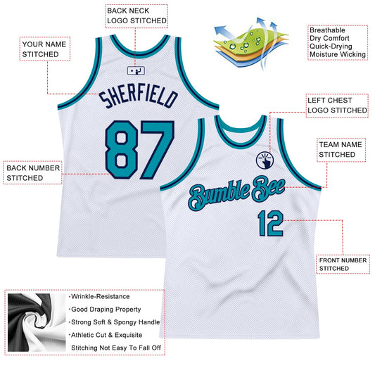 Custom White Teal-Navy Authentic Throwback Basketball Jersey - Sky-Custom